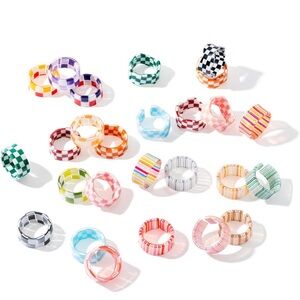Colorful Checkered and Striped Rings Set
